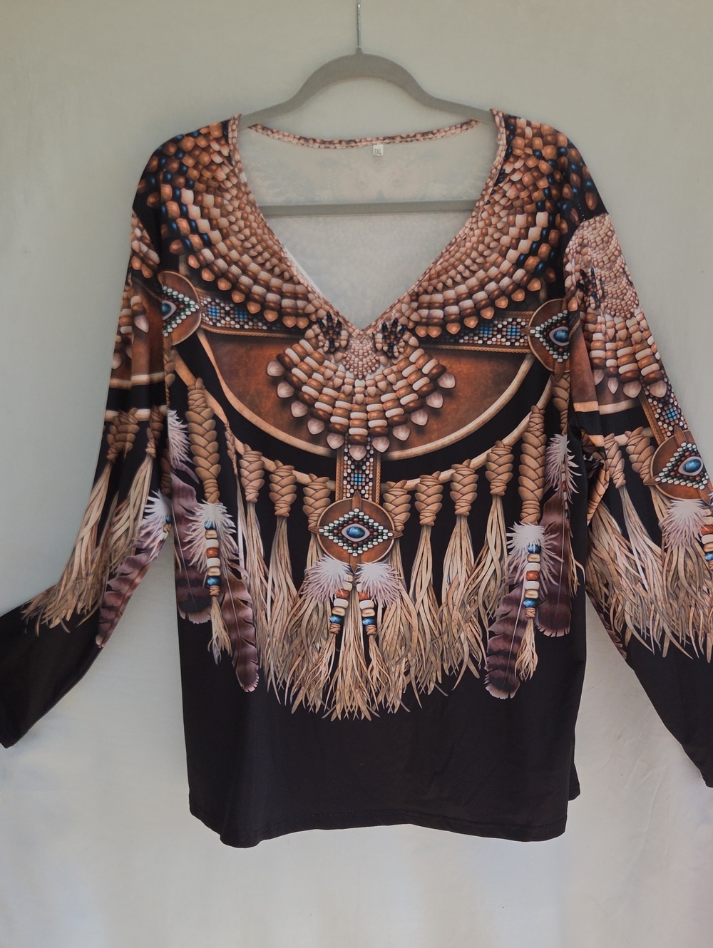 Bohemian Feather & Bead Print V-Neck Top - Brown Sz 3x
